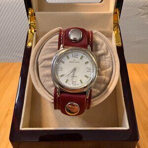 Swiss Gold Silver/White Men's Watch w/ Red Bund Strap, 41mm